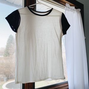 short sleeve white shirt with maroon sleeves